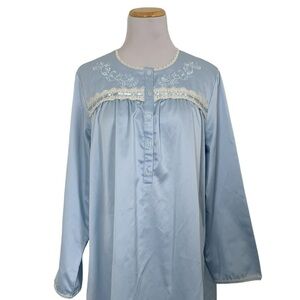 Charter Club Long Lawn Satin Nightgown Blue Modest Lace Ribbon Womens M Sleeve